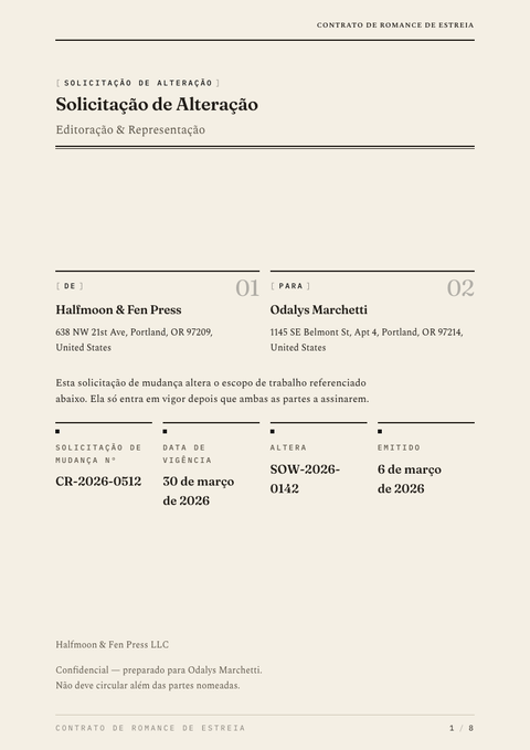 A finished change request rendered in a tipográfico look
