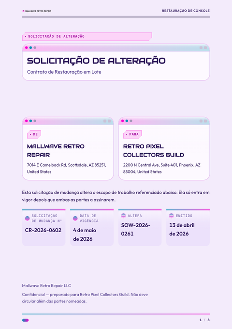 A finished change request rendered in a retrô look