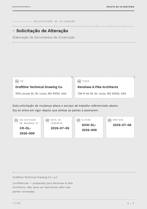 A finished change request rendered in a técnico look