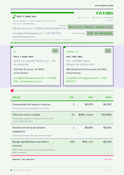 A finished invoice rendered in a games & pop look