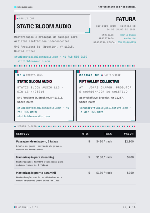 A finished invoice rendered in a brutalista look
