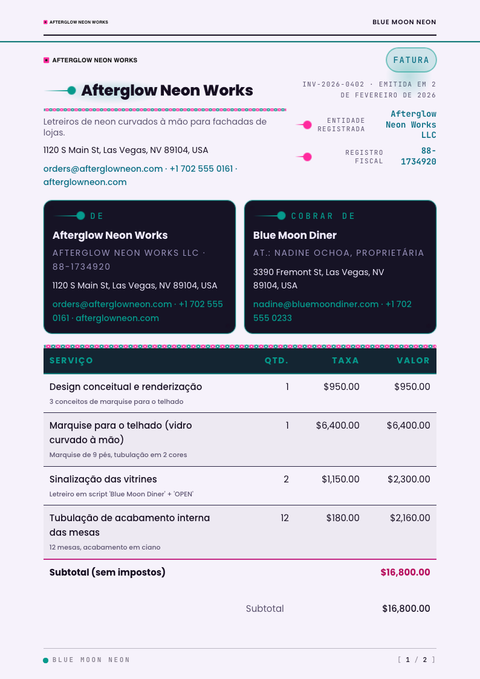 A finished invoice rendered in a futurista look