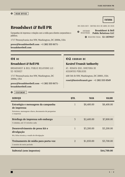 A finished invoice rendered in a impresso look