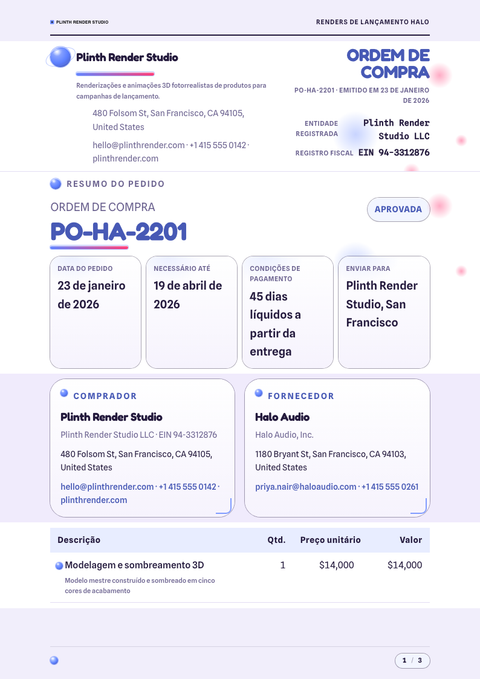 A finished purchase order rendered in a 3d look