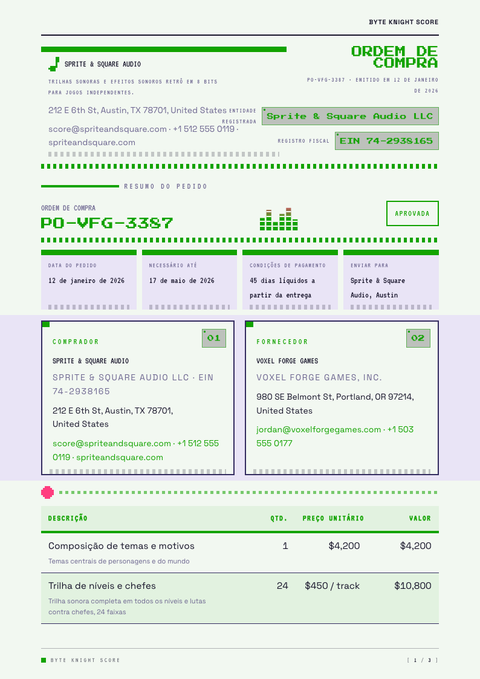 A finished purchase order rendered in a games & pop look