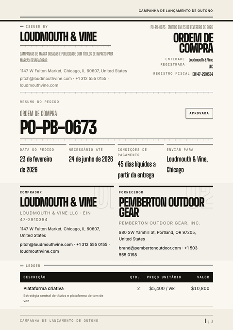 A finished purchase order rendered in a tipográfico look