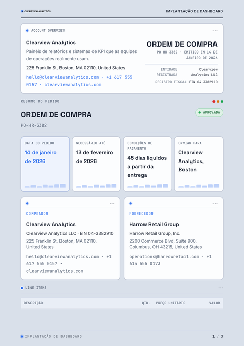 A finished purchase order rendered in a técnico look