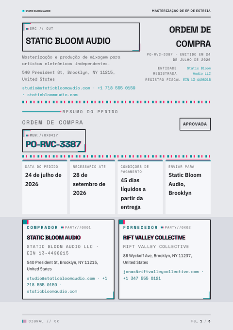 A finished purchase order rendered in a brutalista look