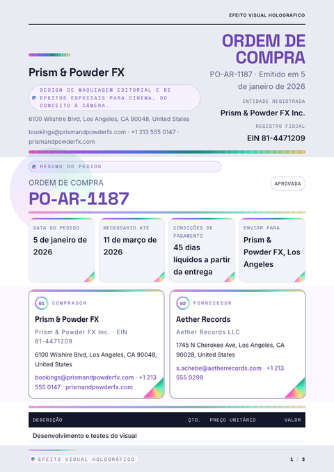 A finished purchase order rendered in a futurista look