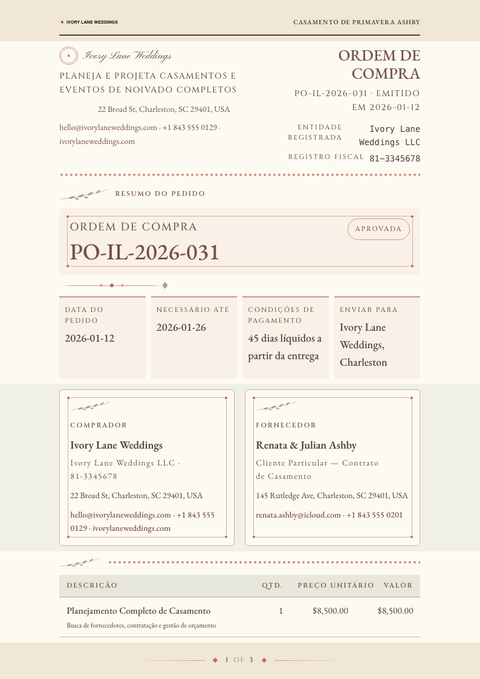 A finished purchase order rendered in a diversos look