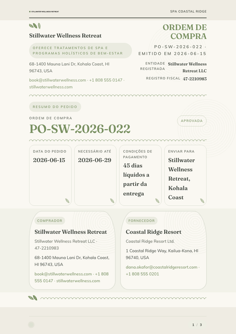 A finished purchase order rendered in a estilo de vida look