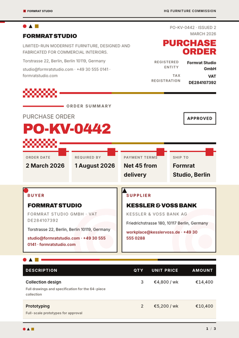 A finished purchase order rendered in a retro look