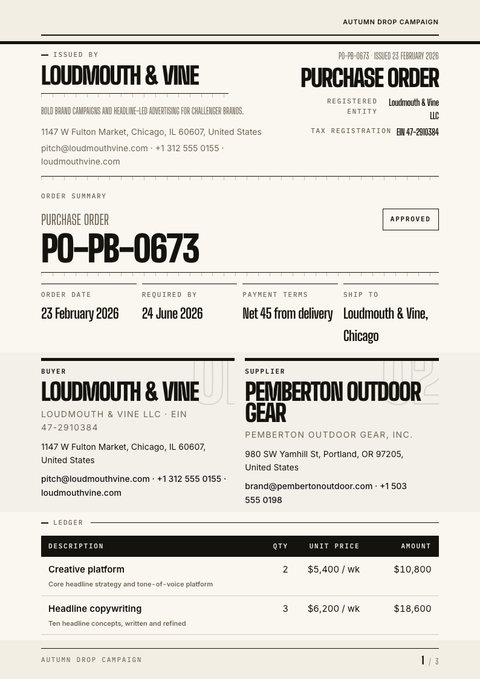 A finished purchase order rendered in a typographic look