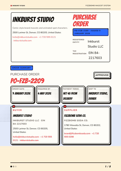 A finished purchase order rendered in a illustrated look