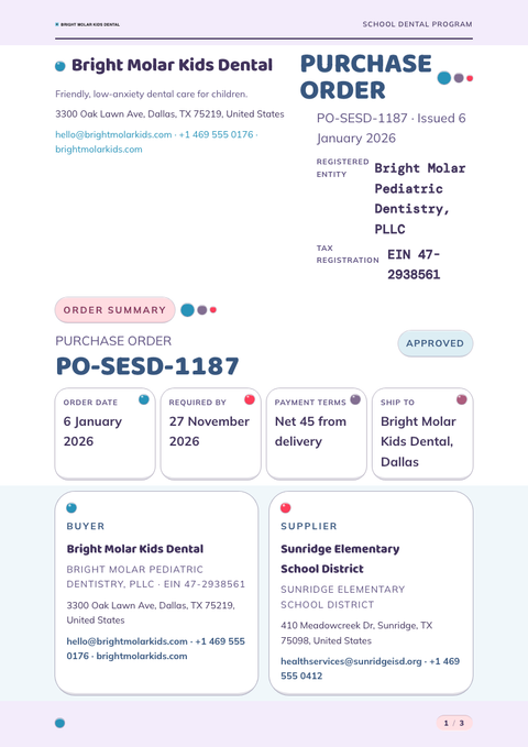 A finished purchase order rendered in a morphism look