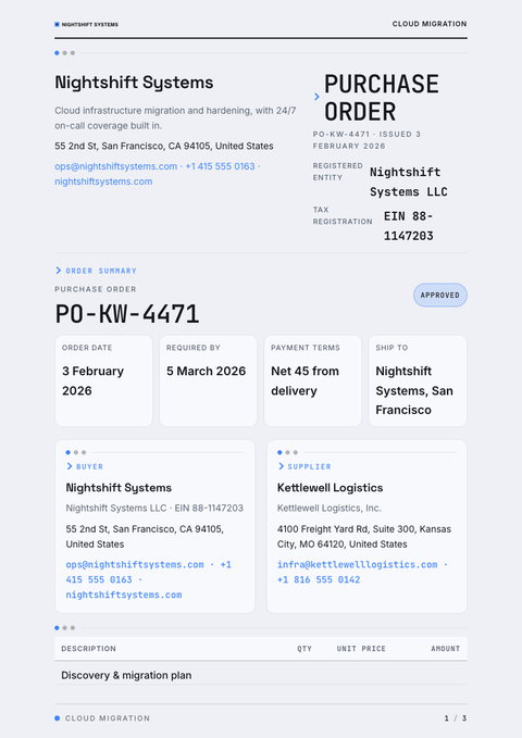 A finished purchase order rendered in a dark look