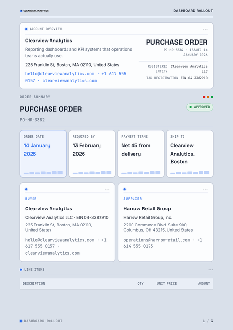 A finished purchase order rendered in a technical look