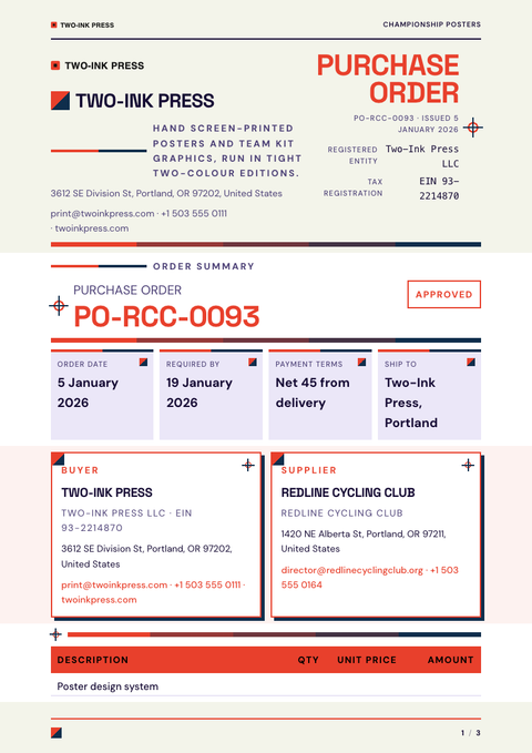 A finished purchase order rendered in a color look