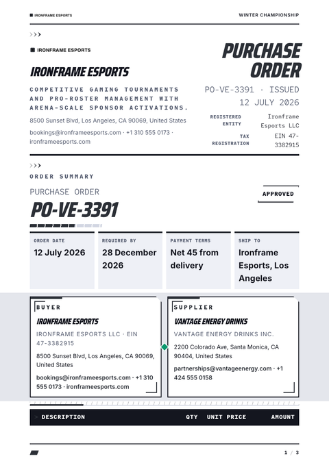A finished purchase order rendered in a game & pop look