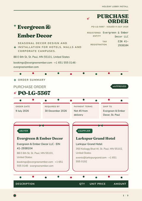 A finished purchase order rendered in a misc look