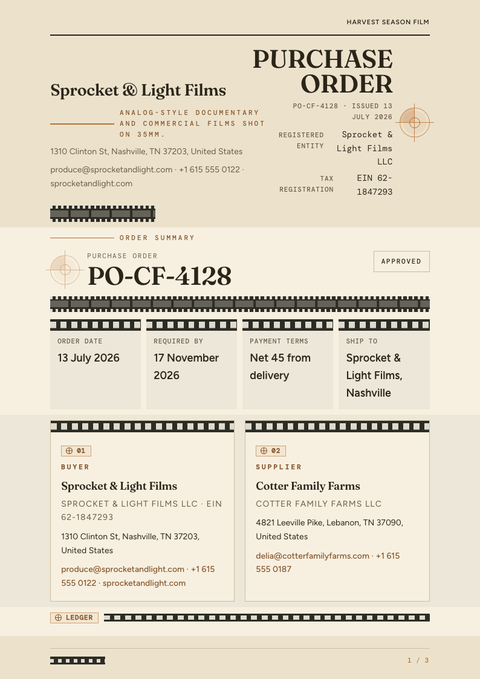 A finished purchase order rendered in a photo look