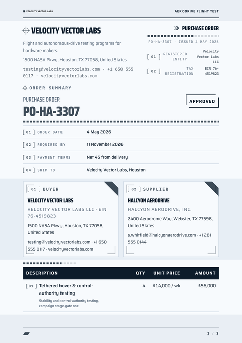 A finished purchase order rendered in a futuristic look