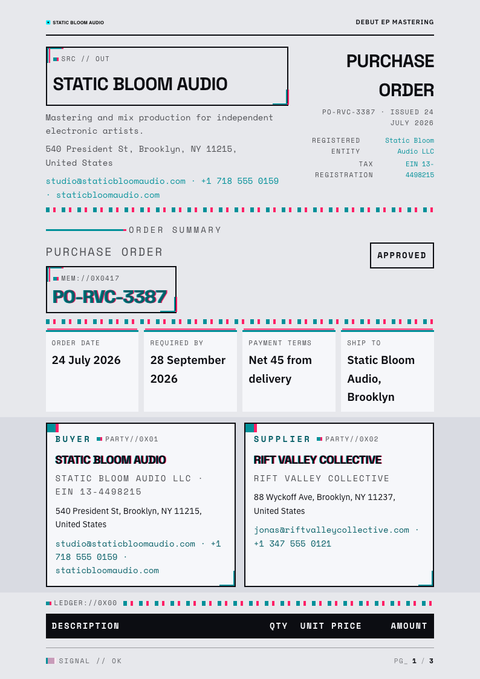 A finished purchase order rendered in a brutalist look