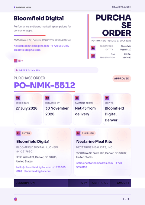 A finished purchase order rendered in a gradient look