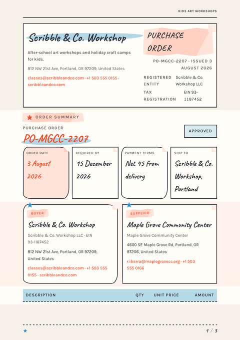 A finished purchase order rendered in a illustrated look