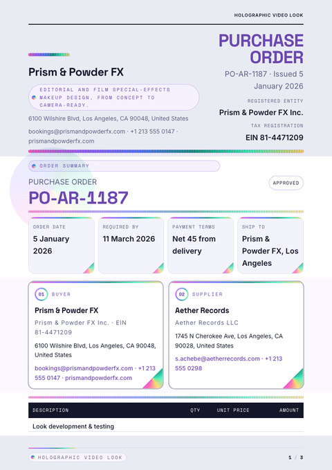 A finished purchase order rendered in a futuristic look