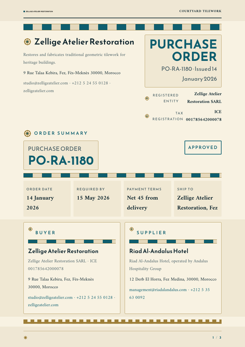 A finished purchase order rendered in a cultural look