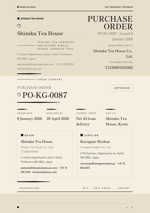 A finished purchase order rendered in a cultural look