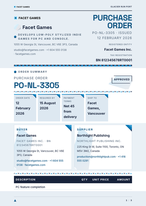 A finished purchase order rendered in a 3d look