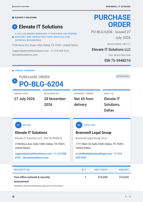 A finished purchase order rendered in a flat & minimal look