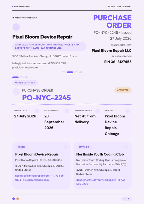 A finished purchase order rendered in a flat & minimal look