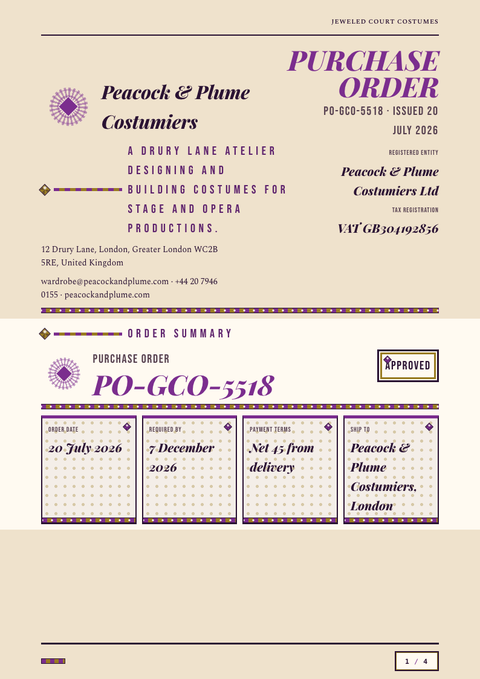 A finished purchase order rendered in a brutalist look