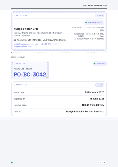 A finished purchase order rendered in a motion look