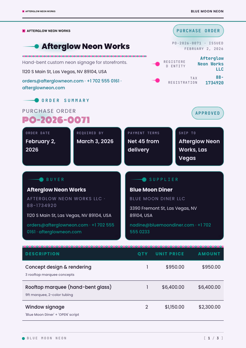 A finished purchase order rendered in a futuristic look