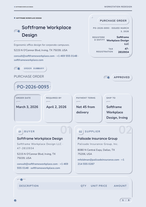 A finished purchase order rendered in a morphism look