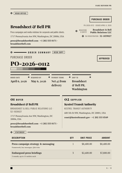 A finished purchase order rendered in a print look