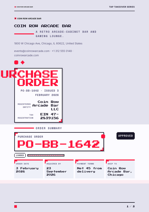 A finished purchase order rendered in a game & pop look