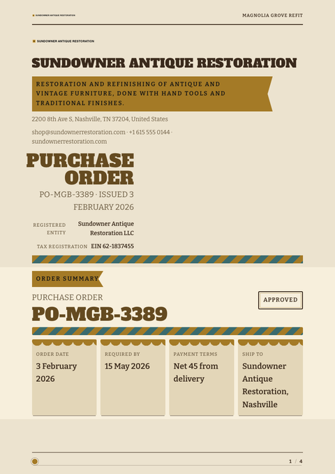 A finished purchase order rendered in a retro look