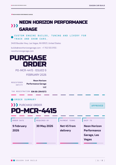A finished purchase order rendered in a retro look