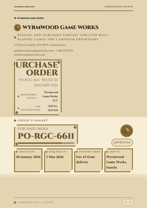A finished purchase order rendered in a game & pop look