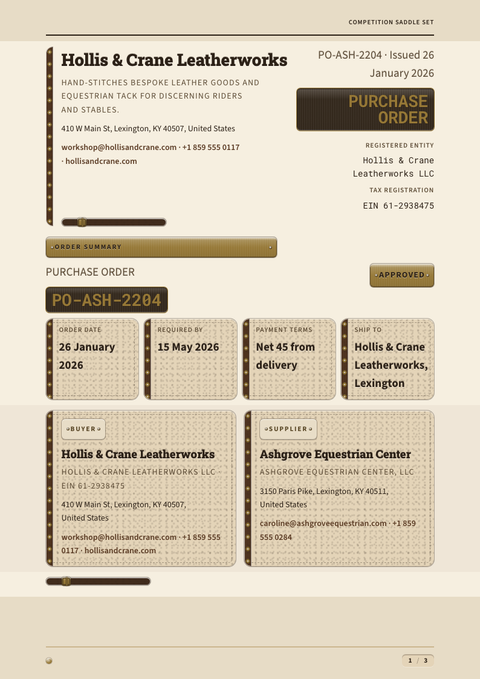 A finished purchase order rendered in a morphism look