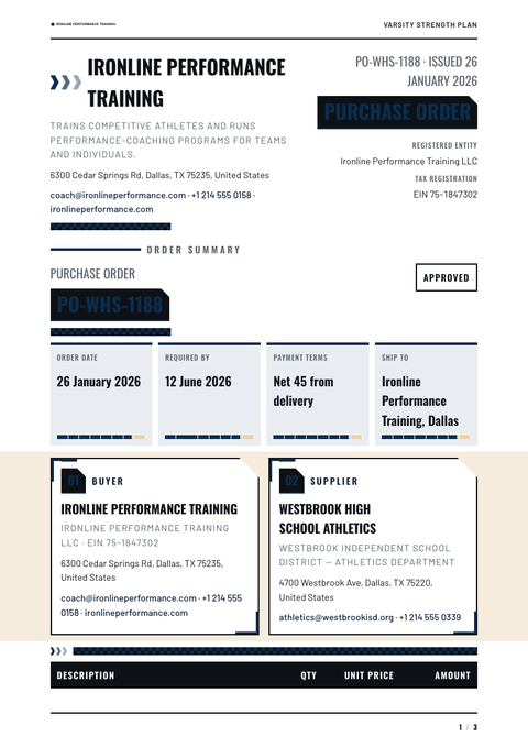 A finished purchase order rendered in a misc look