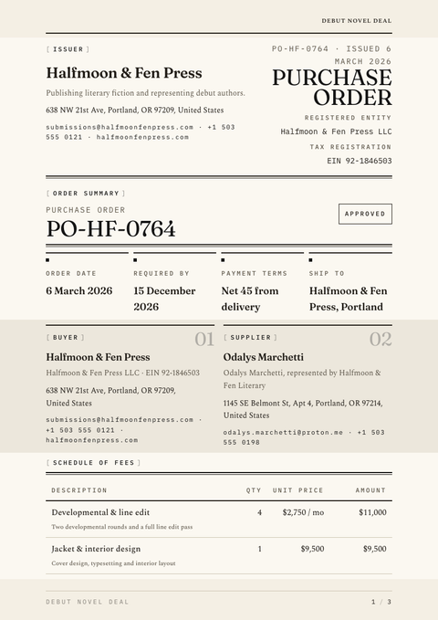 A finished purchase order rendered in a typographic look