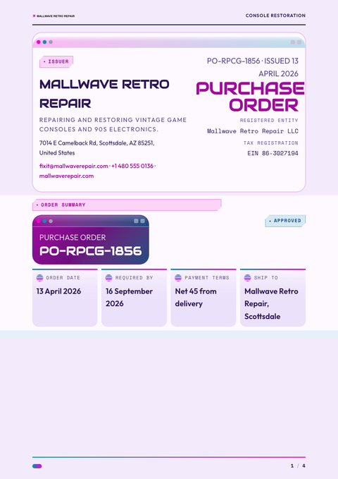 A finished purchase order rendered in a retro look
