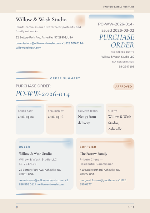 A finished purchase order rendered in a illustrated look