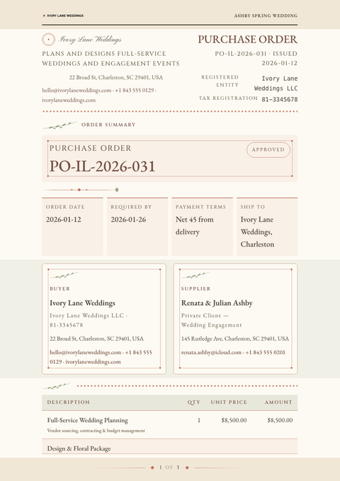 A finished purchase order rendered in a misc look